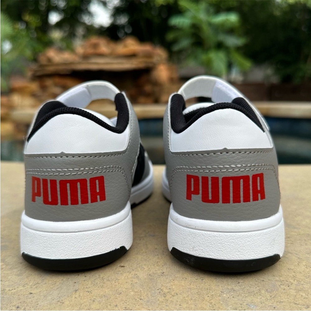 Puma White and Gray Shoes with Red Accents & Gray Puma with white accents.
